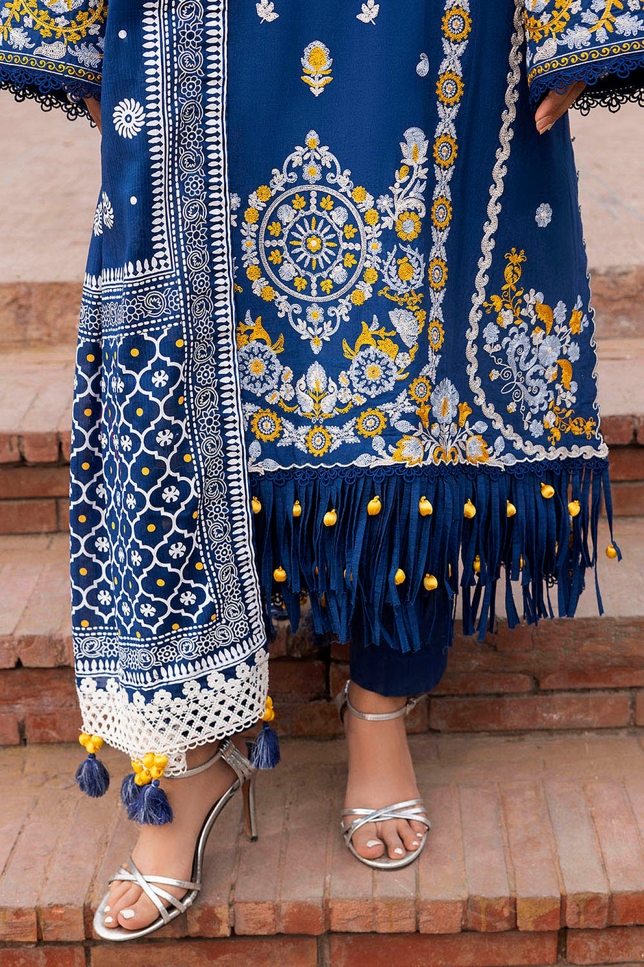 3 Piece Embroidered Lawn Suit with Lacquer Printed Denting Dupatta