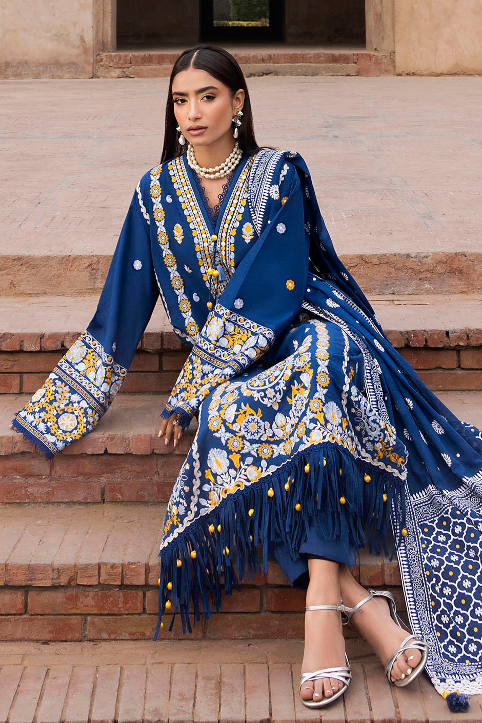 3 Piece Embroidered Lawn Suit with Lacquer Printed Denting Dupatta