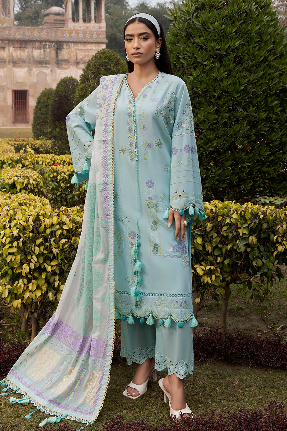 3 Piece Embroidered Lawn Suit with Lacquer Printed Denting Dupatta