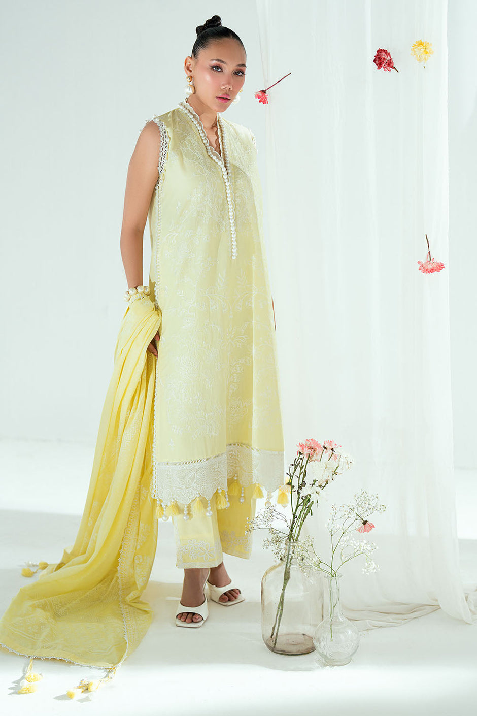 3 Piece Embroidered Lawn Suit with Lacquer Printed Denting Dupatta