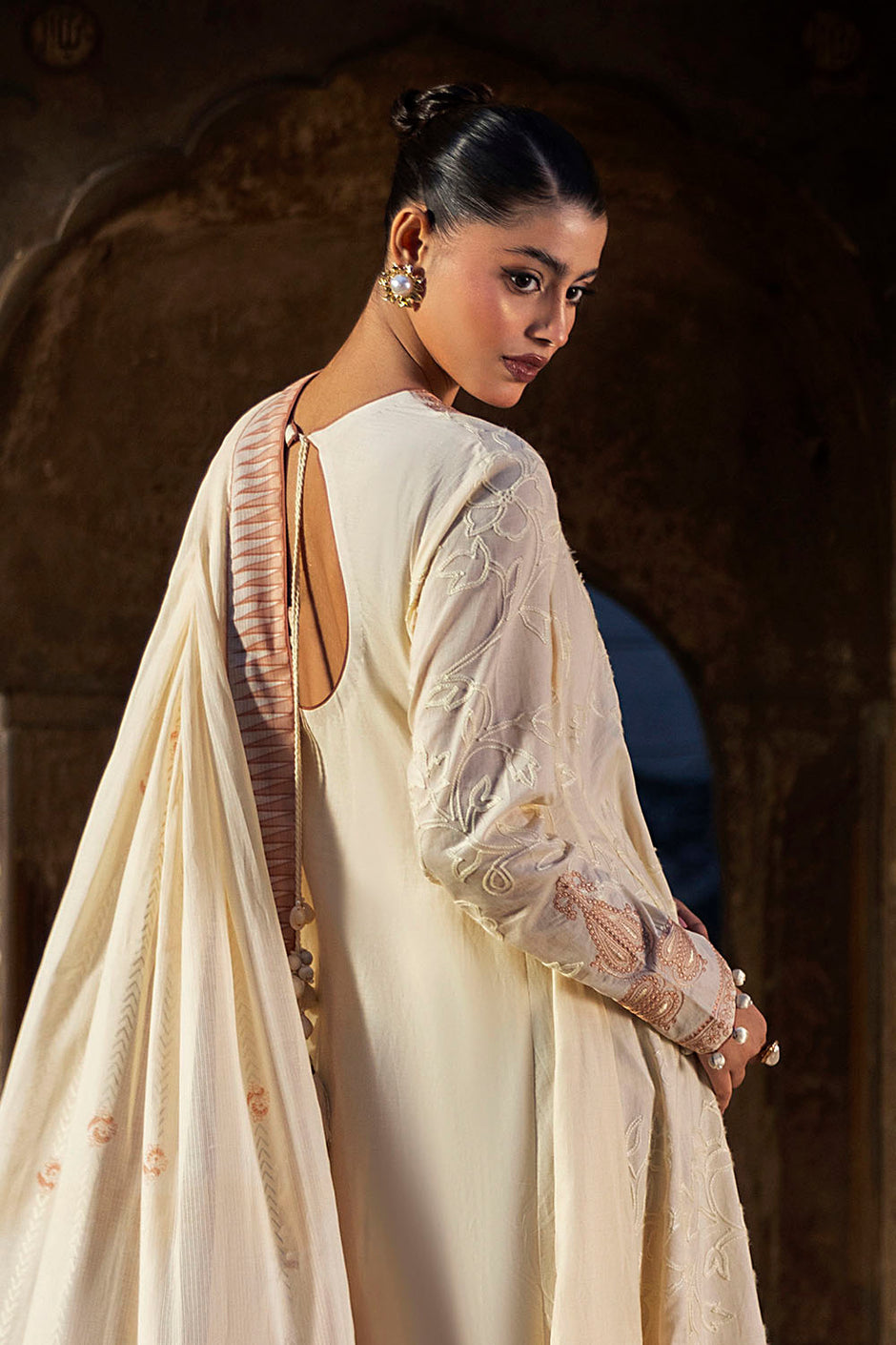 3 Piece Embroidered Lawn Suit with Lacquer Printed Denting Dupatta