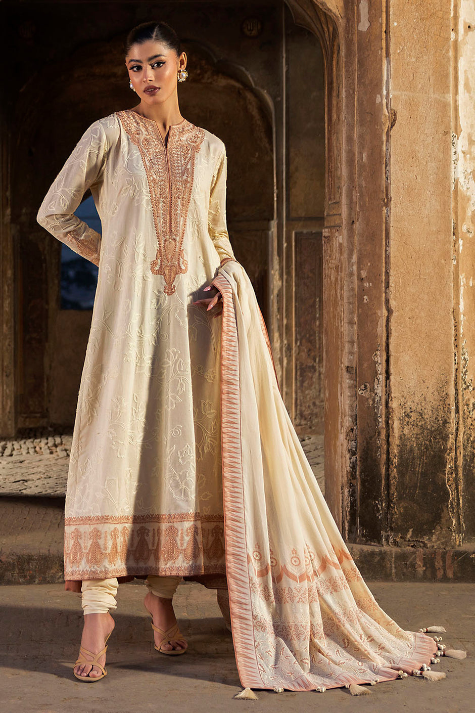 3 Piece Embroidered Lawn Suit with Lacquer Printed Denting Dupatta