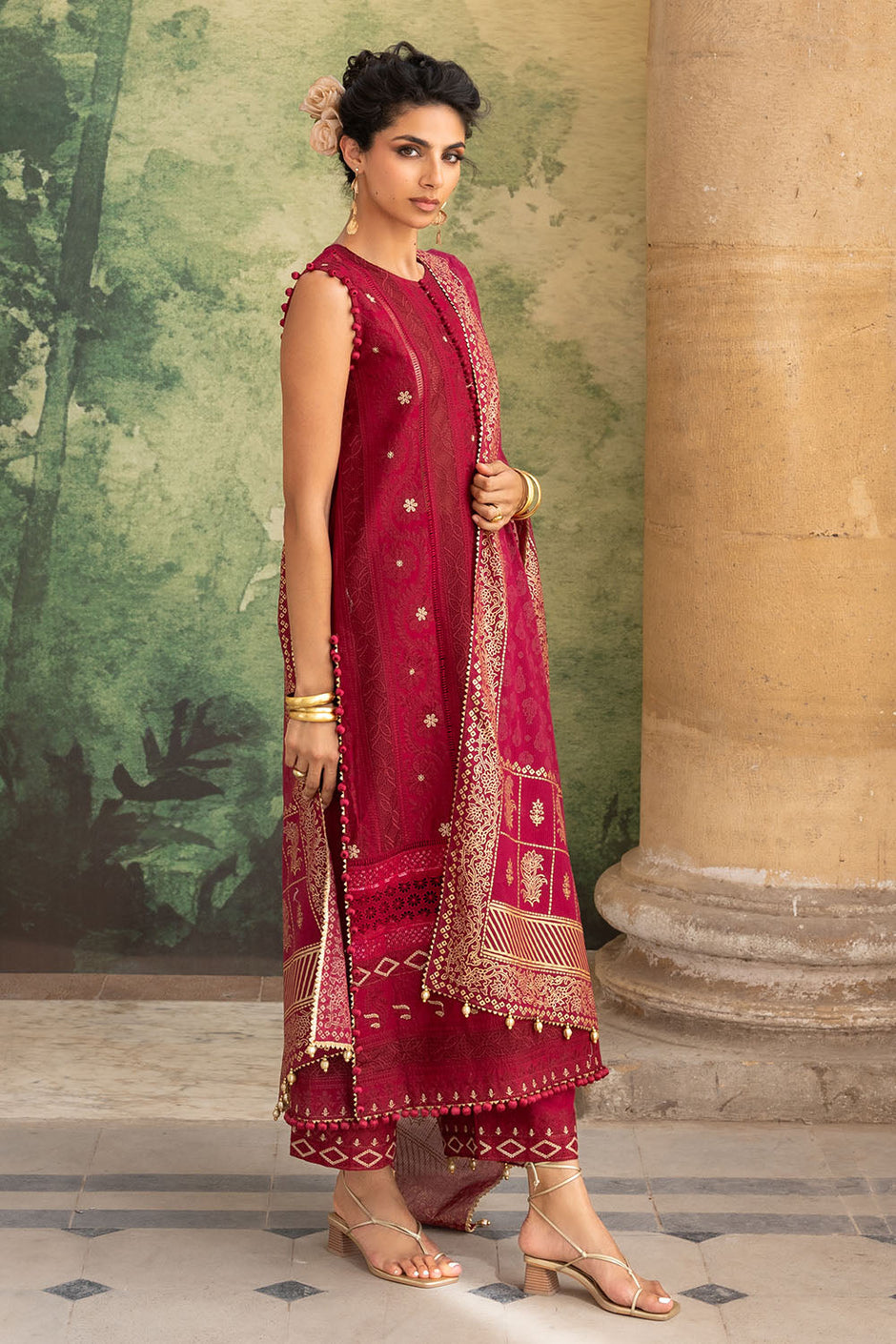 3 Piece Zari & Sequins Embroidered Lawn Suit with Gold & Lacquer Printed Dupatta