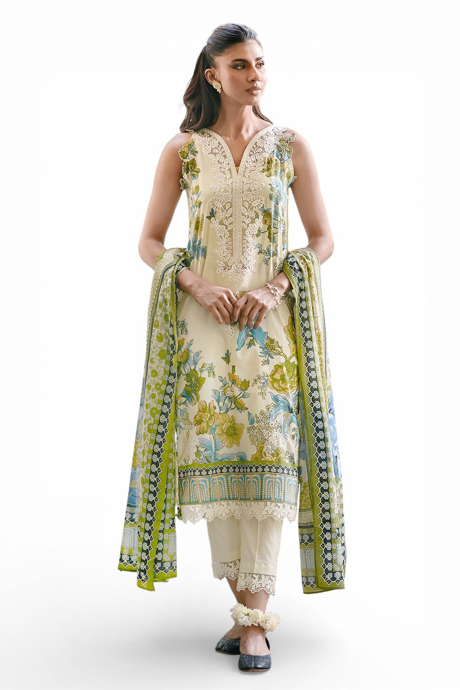 3 Piece Embroidered Printed Lawn Suit with Neckline