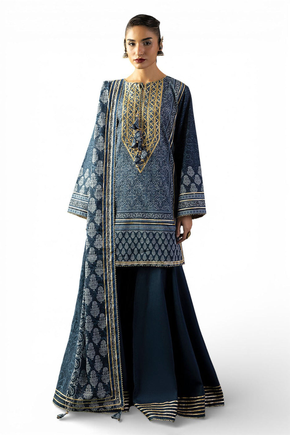 3 Piece Gota Embroidered Lawn Suit with Printed Lawn Dupatta