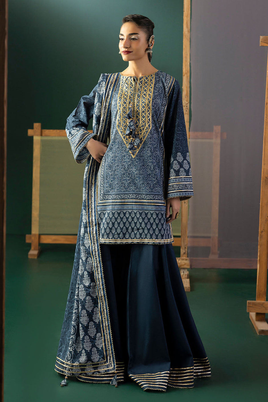 3 Piece Gota Embroidered Lawn Suit with Printed Lawn Dupatta