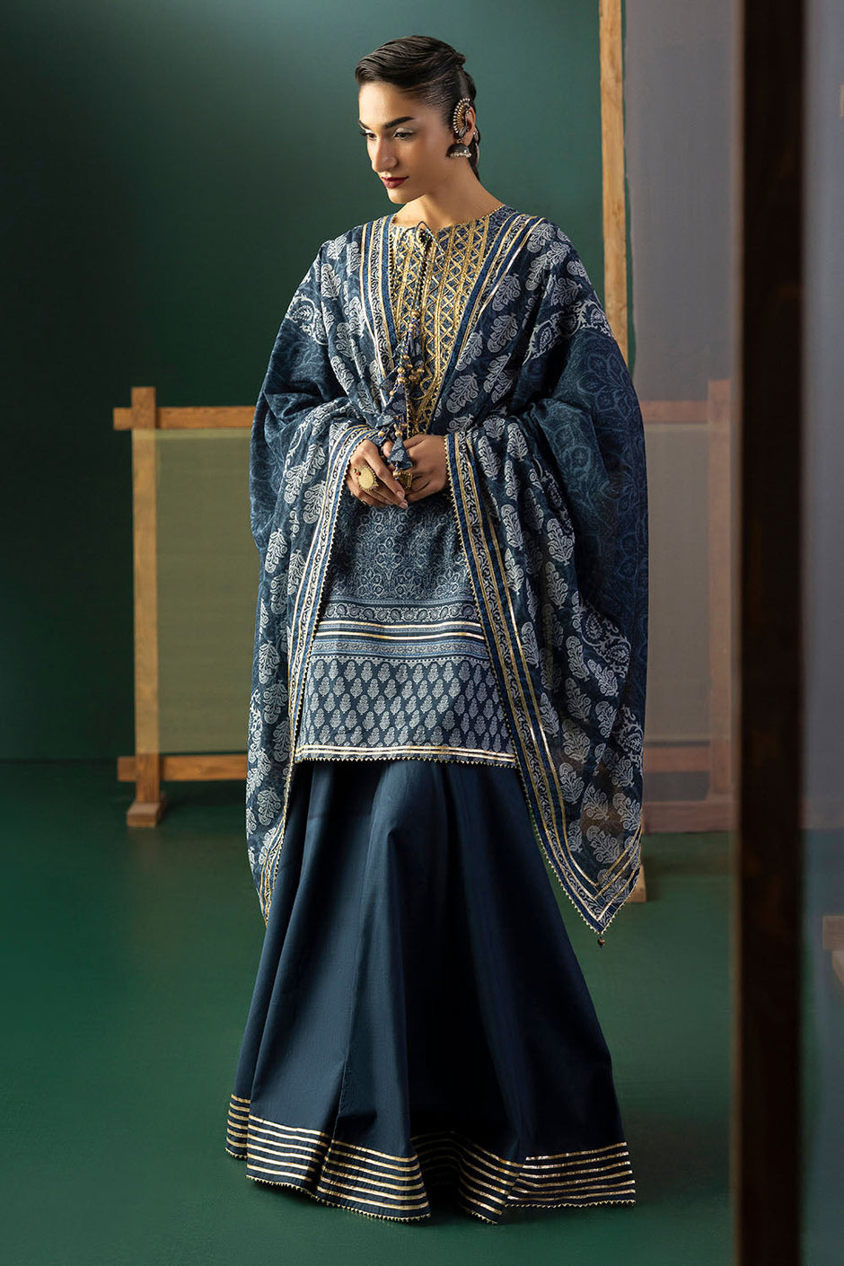 3 Piece Gota Embroidered Lawn Suit with Printed Lawn Dupatta
