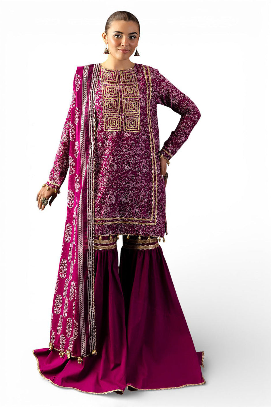 3 Piece Gota Embroidered Lawn Suit with Printed Lawn Dupatta