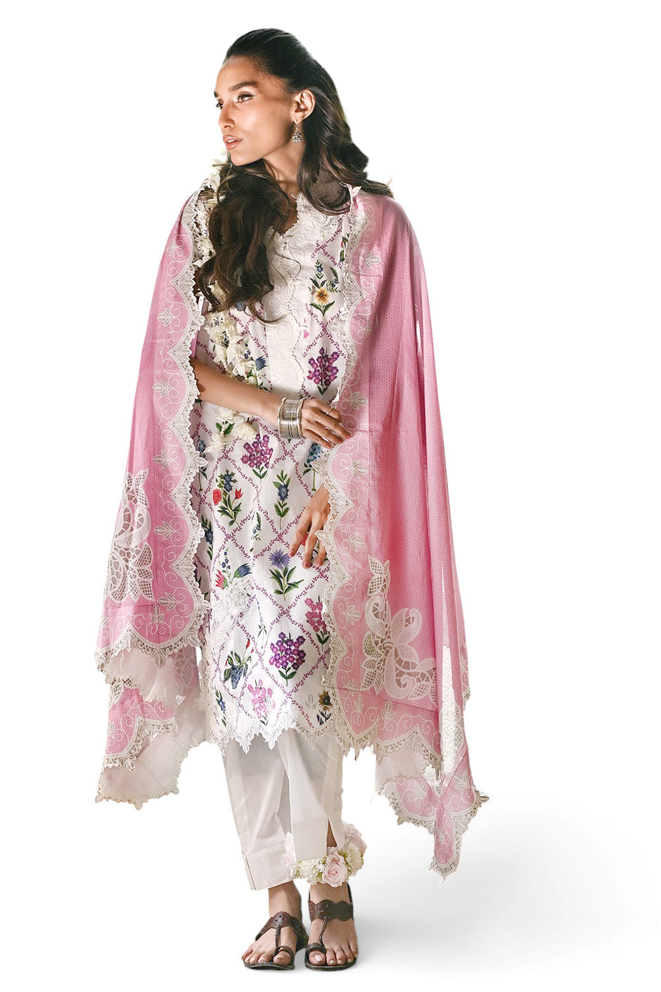 3 Piece Printed Lawn Suit with Embroidered Lace and Bunches