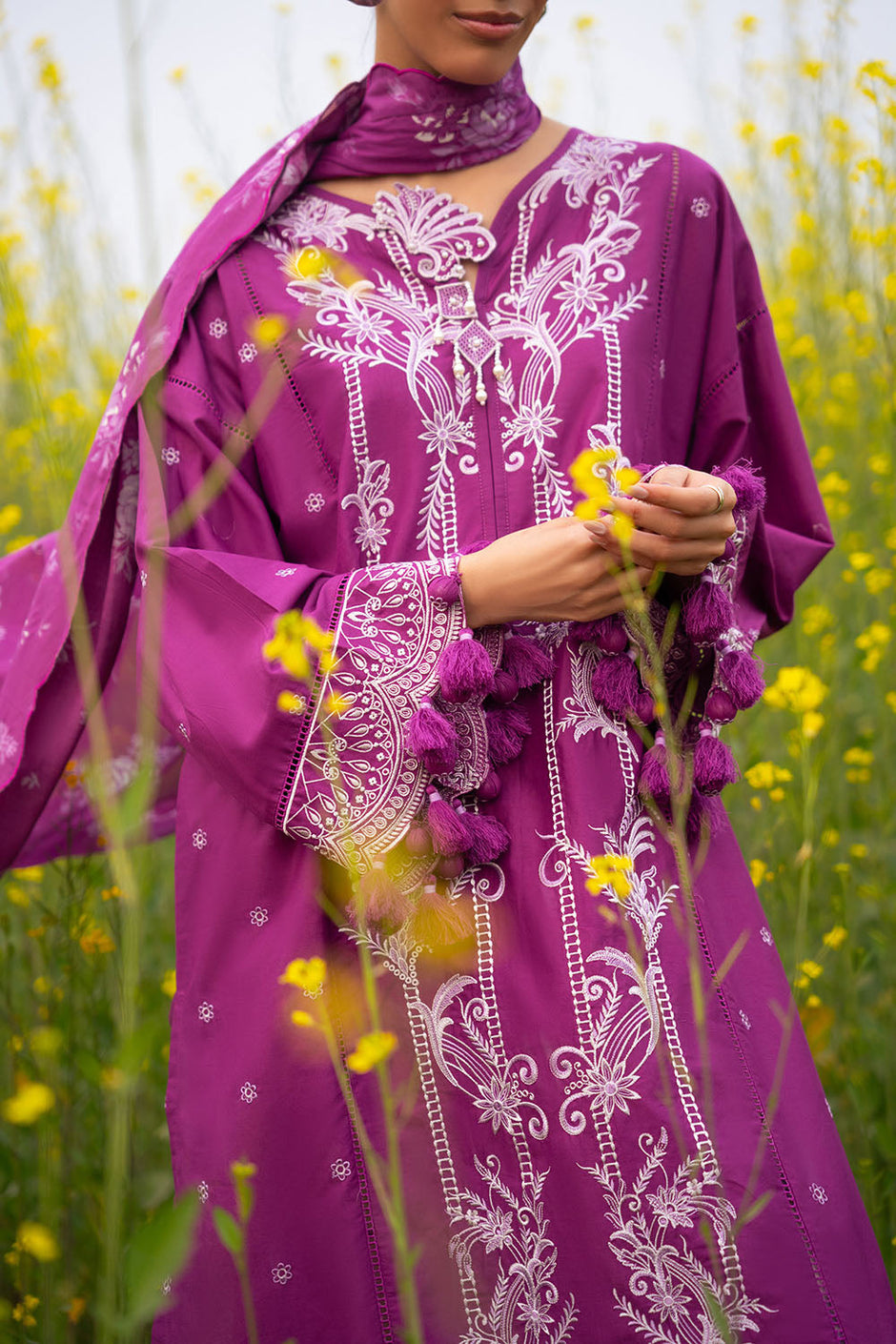 3 Piece Embroidered Lawn Suit with Embroidered Borders and Printed Trouser