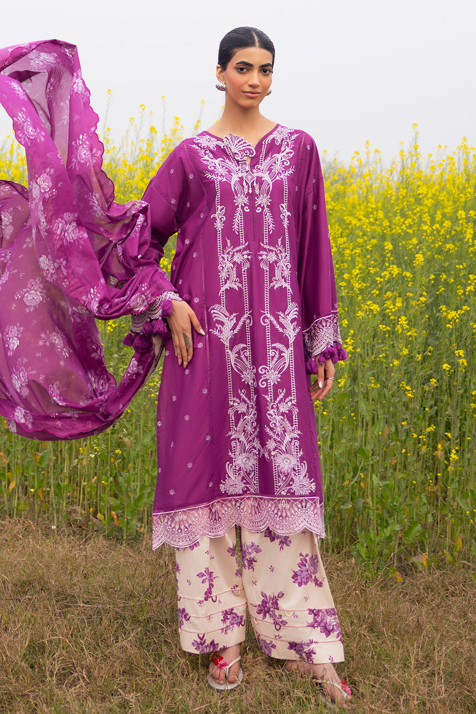 3 Piece Embroidered Lawn Suit with Embroidered Borders and Printed Trouser