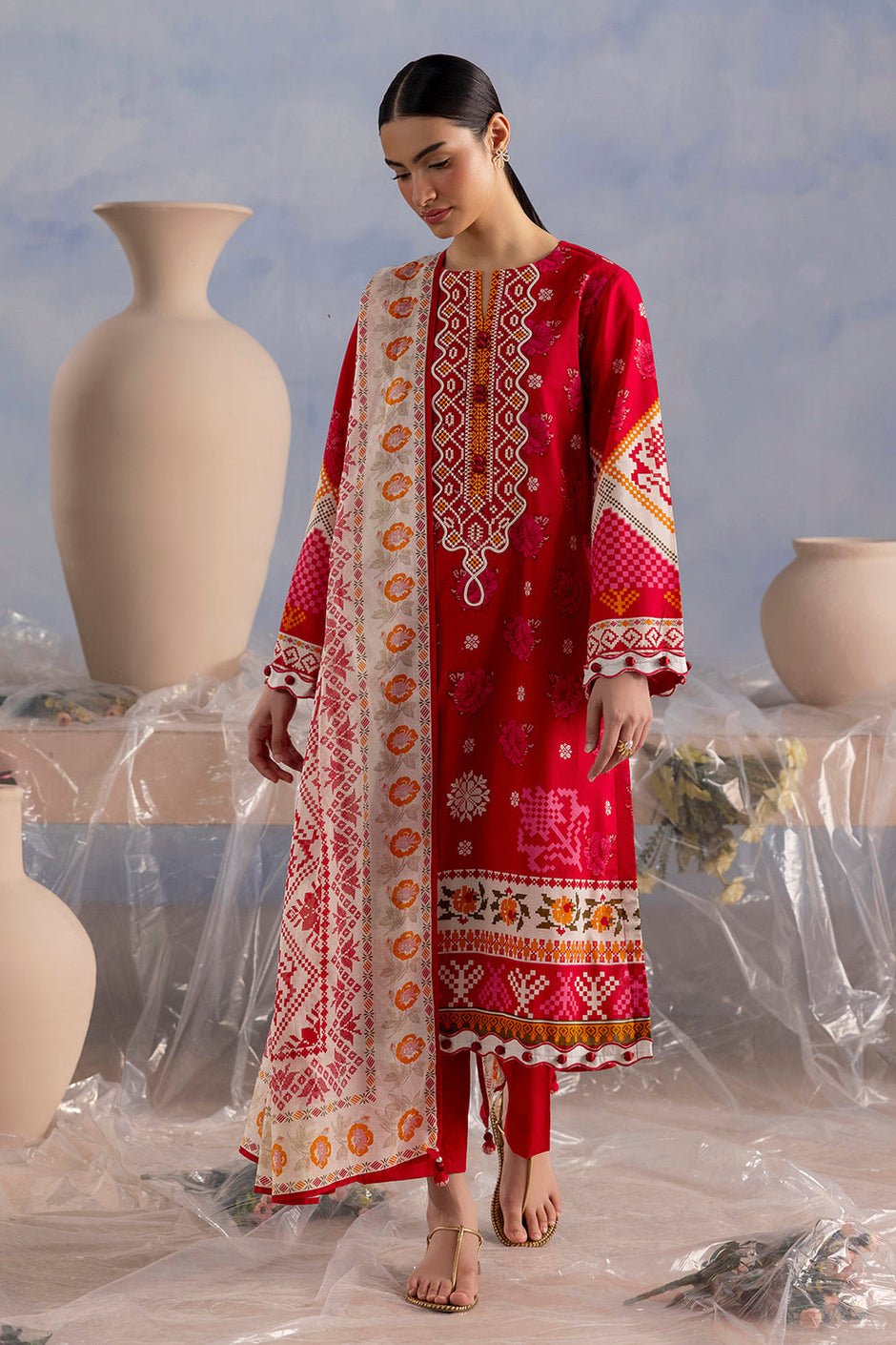 3 Piece Printed Cotton Suit with Printed Lawn Dupatta and Embroidered Neckline