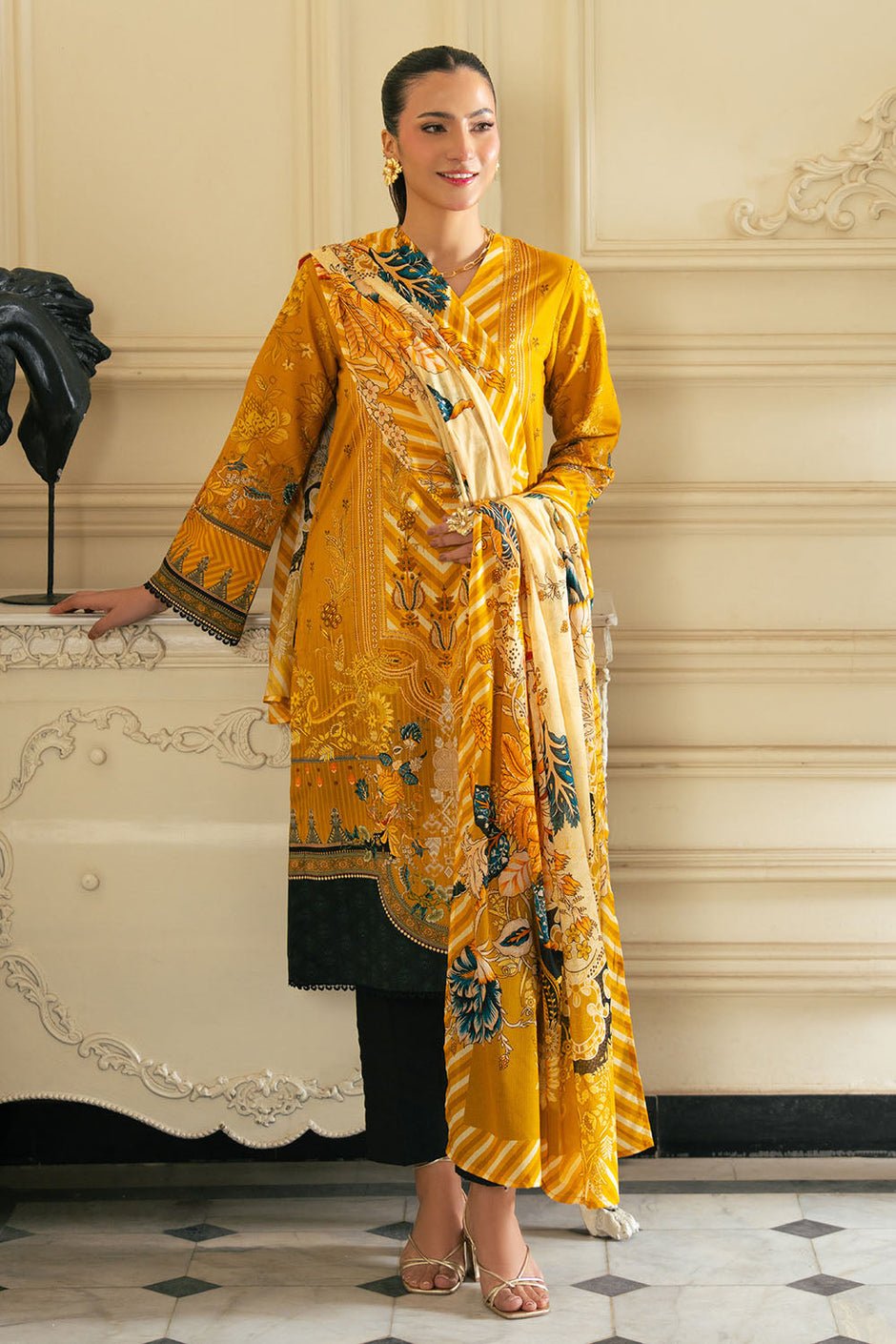 3 Piece Printed Cross Hatch Suit with Lawn Dupatta