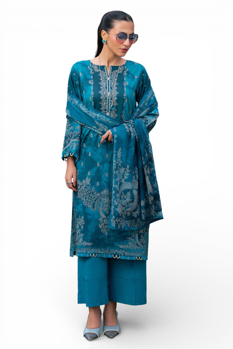 3 Piece Printed Cross Hatch Suit with Lawn Dupatta