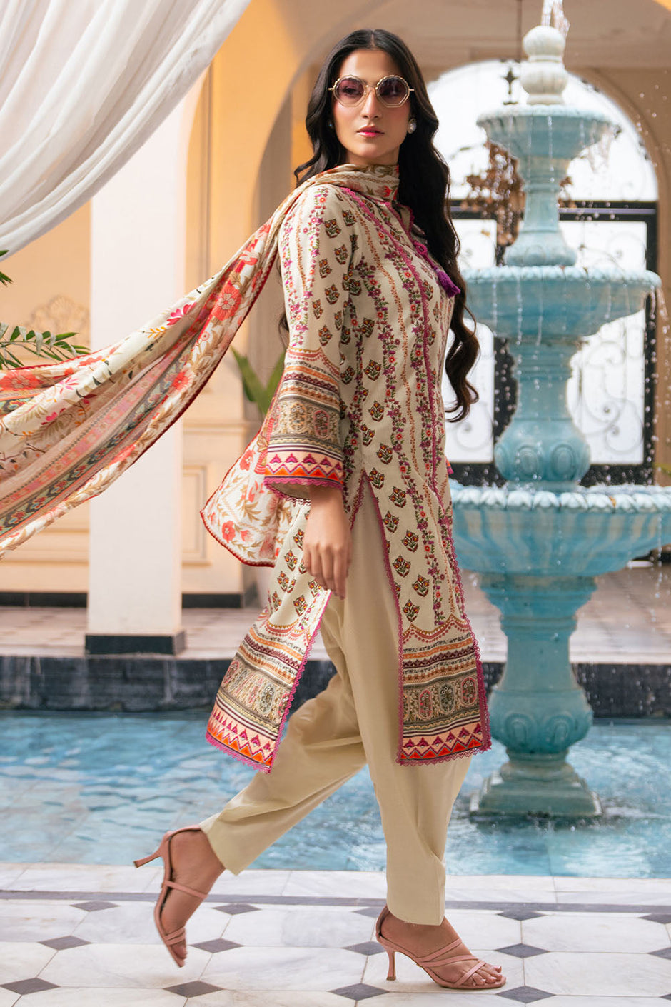 3 Piece Printed Cross Hatch Suit with Lawn Dupatta