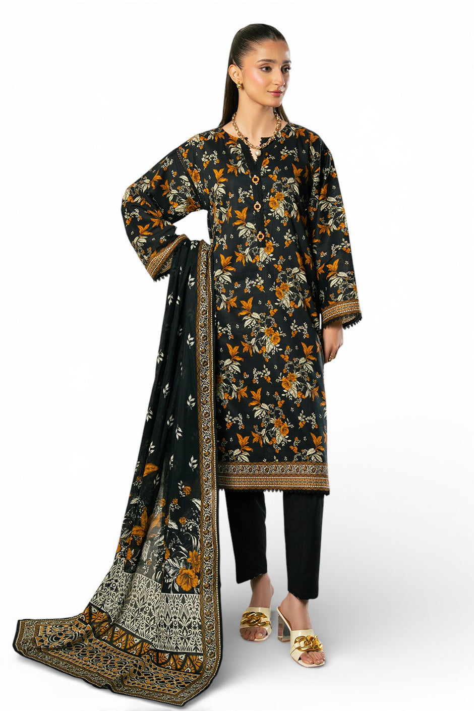 3 Piece Printed Cross Hatch Suit with Lawn Dupatta