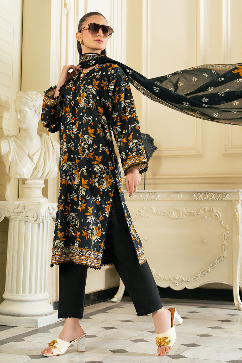 3 Piece Printed Cross Hatch Suit with Lawn Dupatta