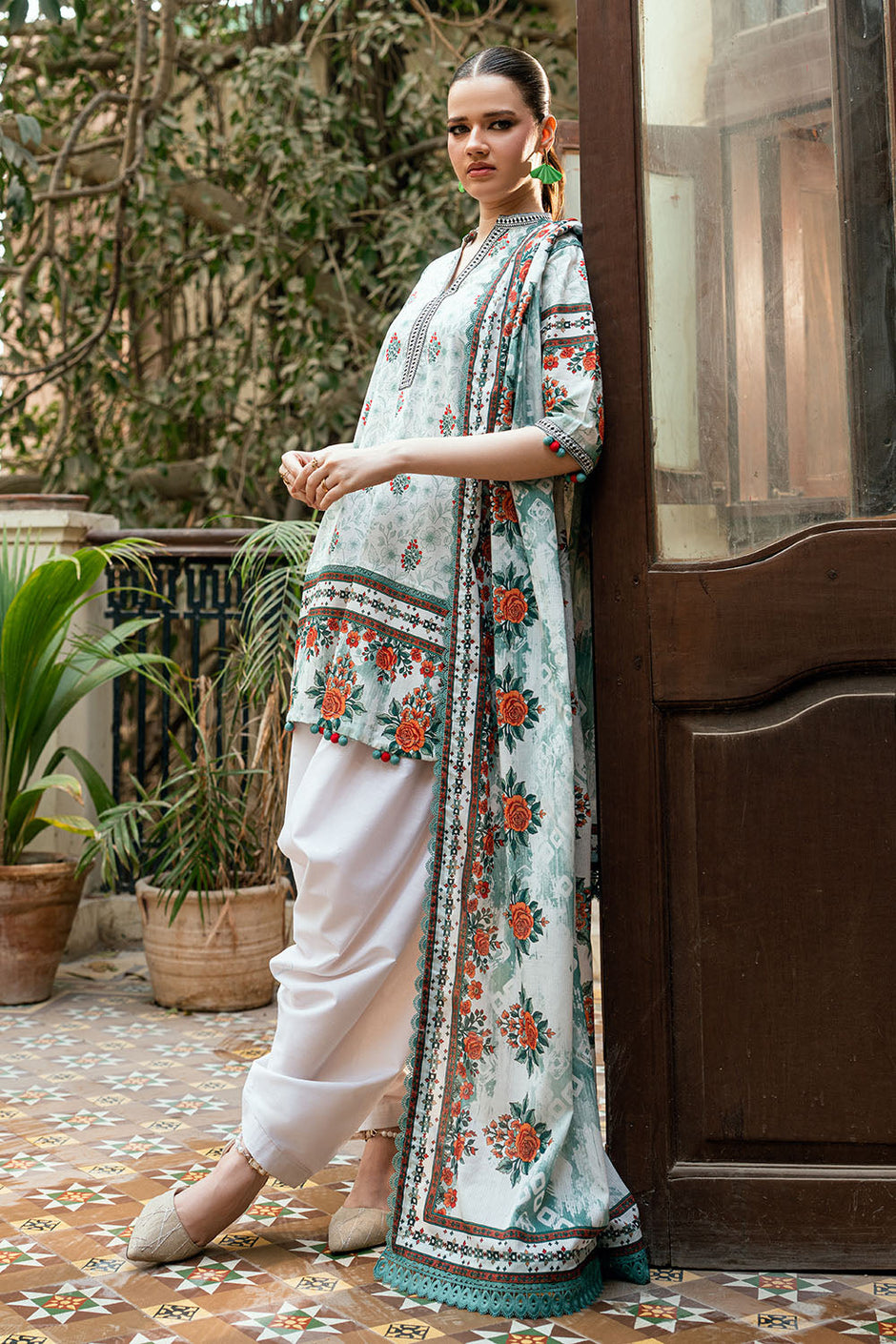 3 Piece Printed Cross Hatch Suit with Lawn Dupatta