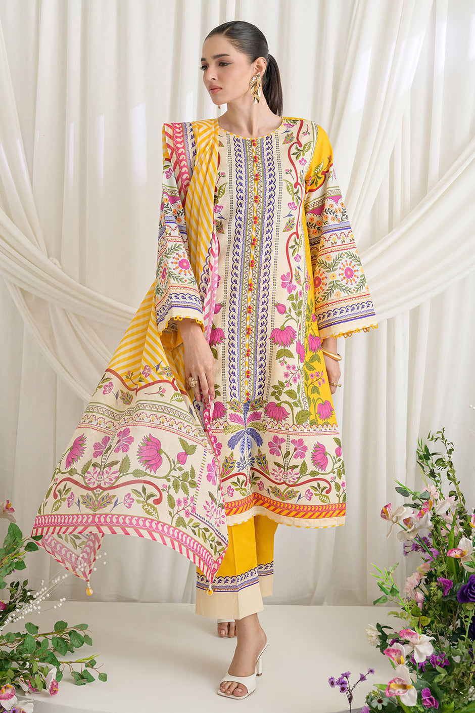 3 Piece Printed Dobby Suit with Printed Lawn Dupatta and Dyed Trouser