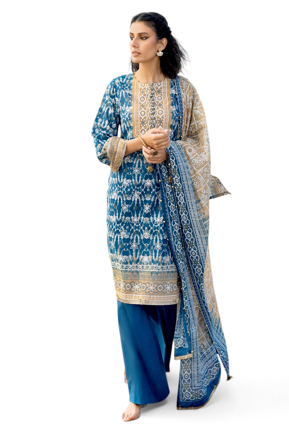 3 Piece Lacquer Printed Lawn Suit with Lacquer Printed Lawn Dupatta and Dyed Trouser