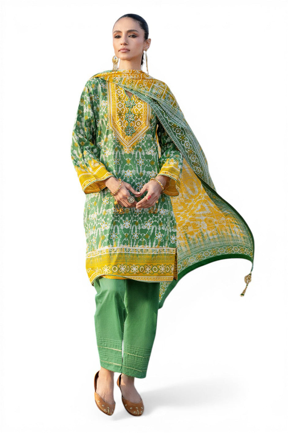 3 Piece Lacquer Printed Lawn Suit with Lacquer Printed Lawn Dupatta and Dyed Trouser