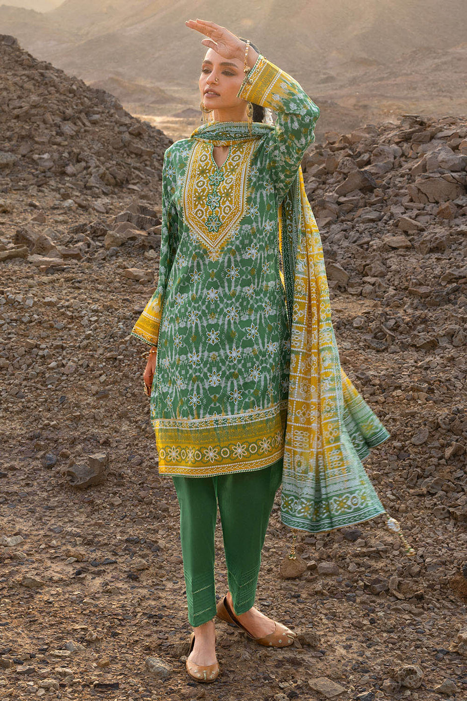 3 Piece Lacquer Printed Lawn Suit with Lacquer Printed Lawn Dupatta and Dyed Trouser