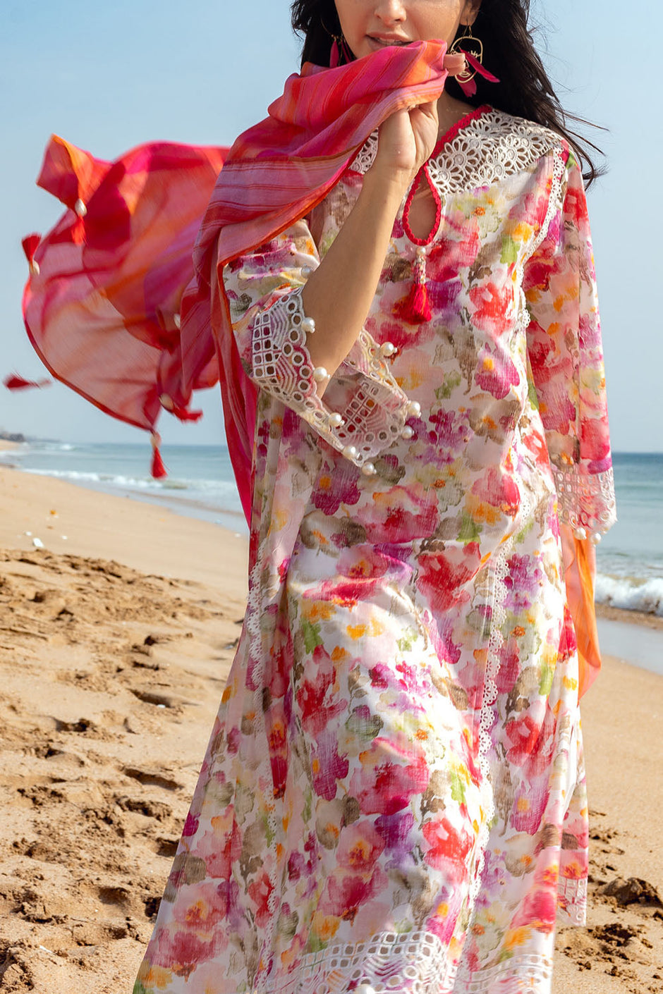 3 Piece Schiffli Embroidered Printed Lawn Suit with Lace Dupatta
