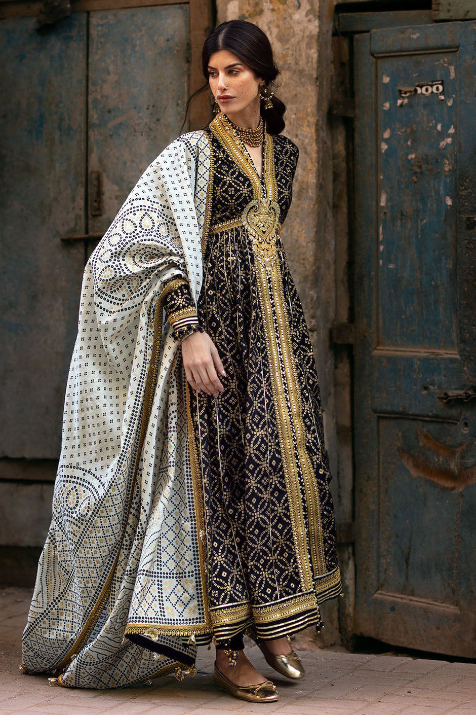 3 Piece Gold Printed Lawn Suit with Gold and Lacquer Printed Mehsuri Dupatta and Dyed Trouser