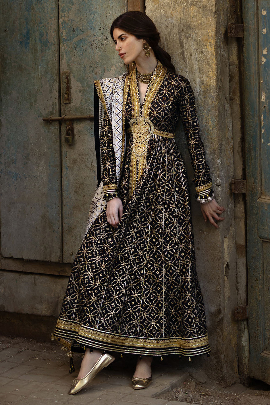 3 Piece Gold Printed Lawn Suit with Gold and Lacquer Printed Mehsuri Dupatta and Dyed Trouser
