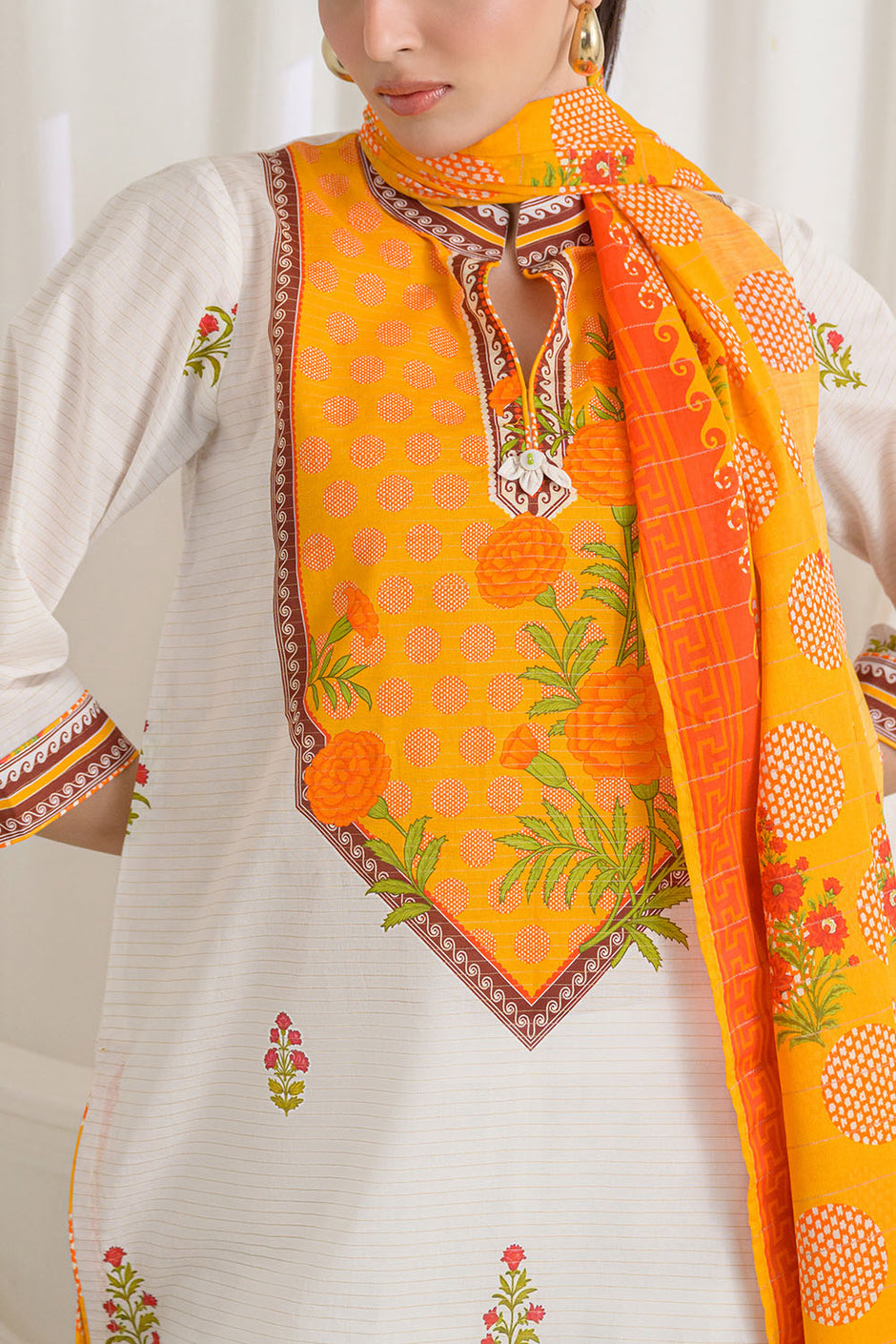 3 Piece Printed Mehsuri Stripe Lawn Suit with Printed Mehsuri Stripe Lawn Dupatta and Dyed Trouser