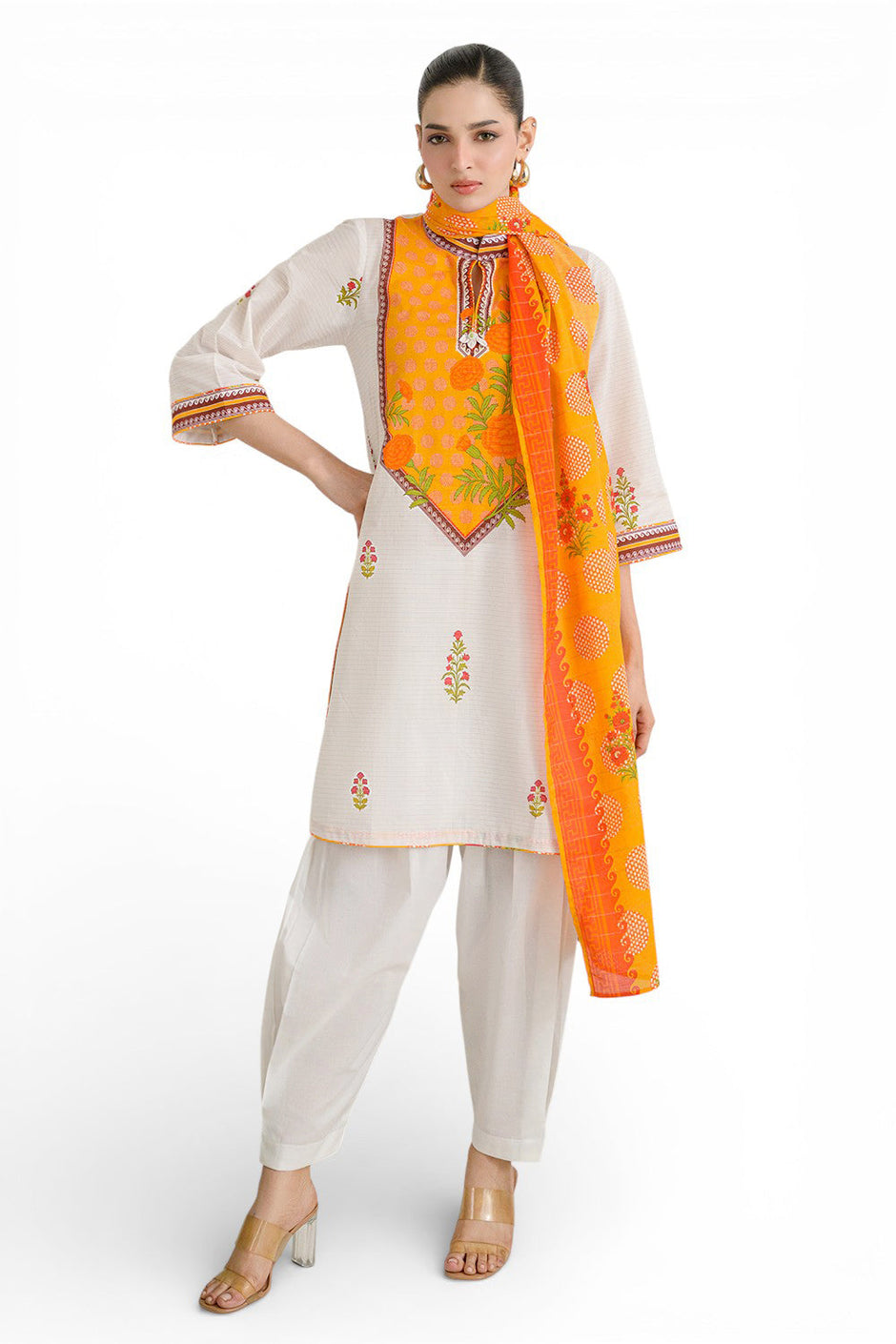 3 Piece Printed Mehsuri Stripe Lawn Suit with Printed Mehsuri Stripe Lawn Dupatta and Dyed Trouser