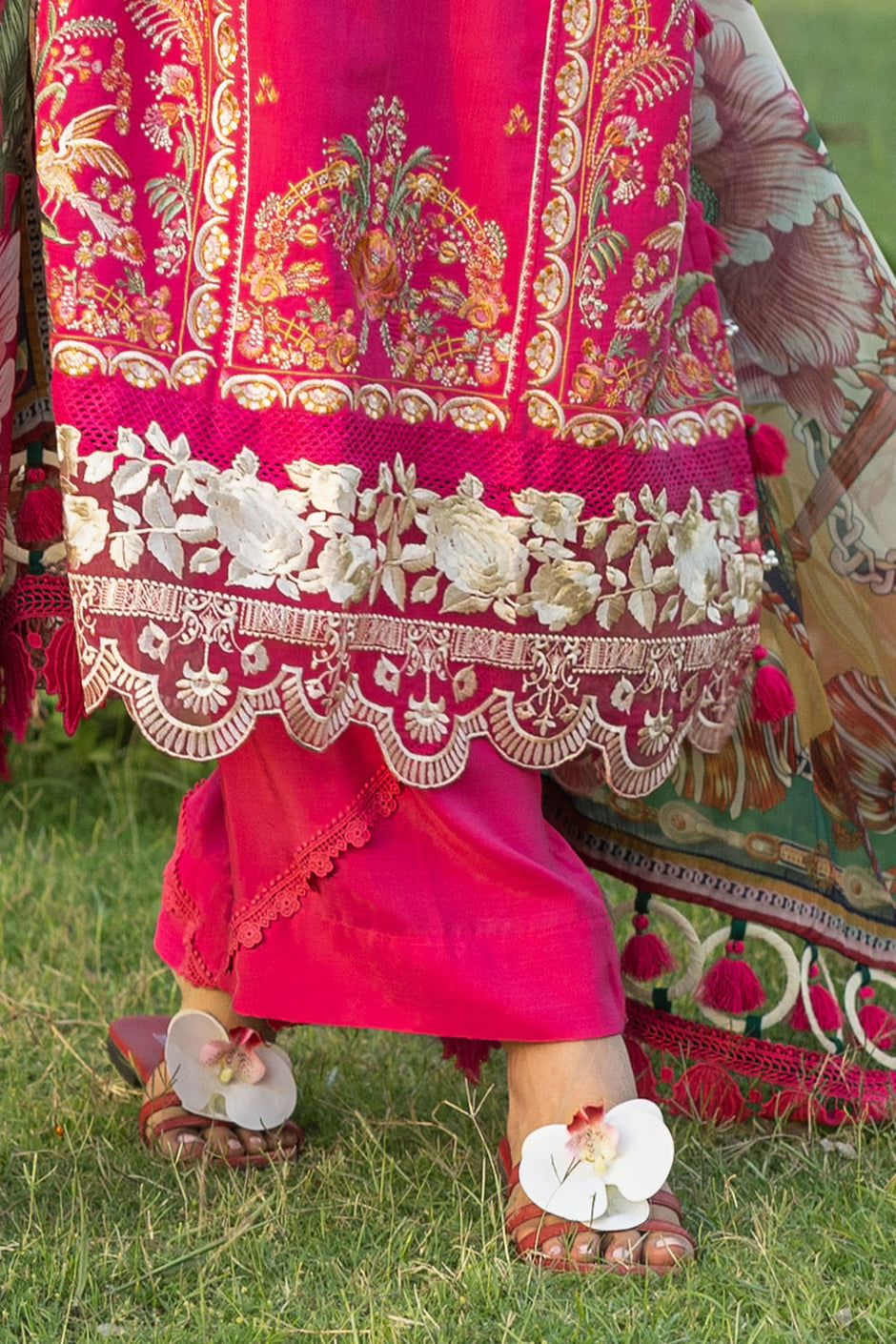 3 Piece Embroidered Raw Silk Suit with Embroidered Organza Borders and Printed Silk Dupatta