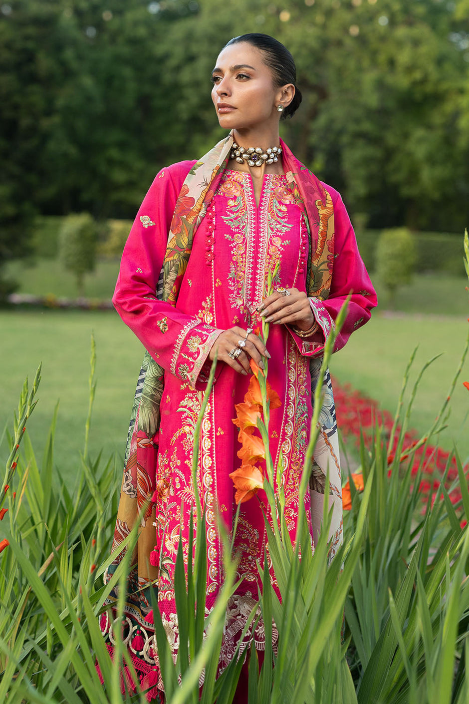 3 Piece Embroidered Raw Silk Suit with Embroidered Organza Borders and Printed Silk Dupatta