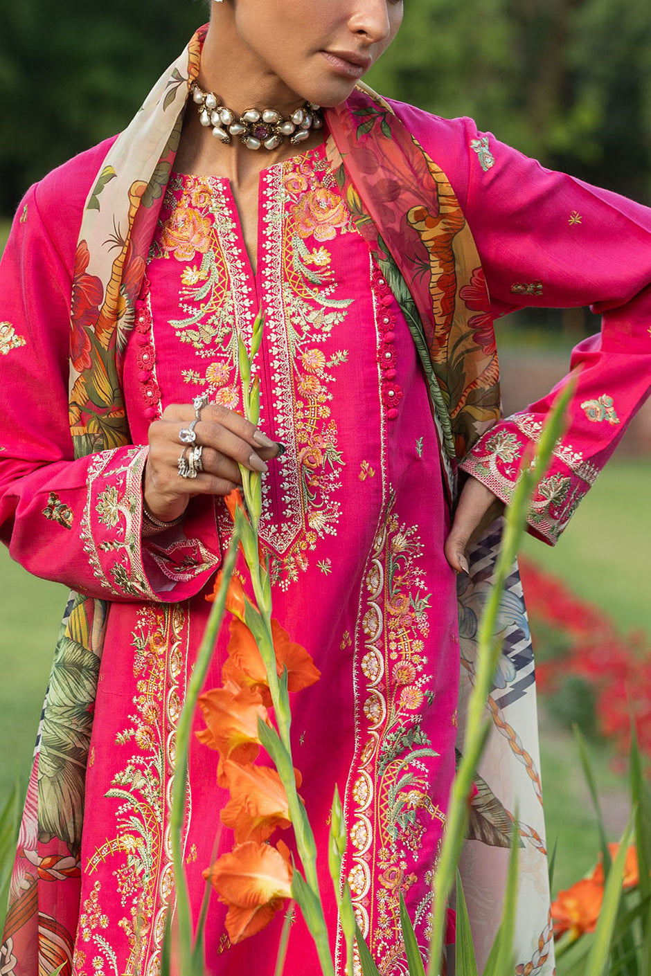 3 Piece Embroidered Raw Silk Suit with Embroidered Organza Borders and Printed Silk Dupatta