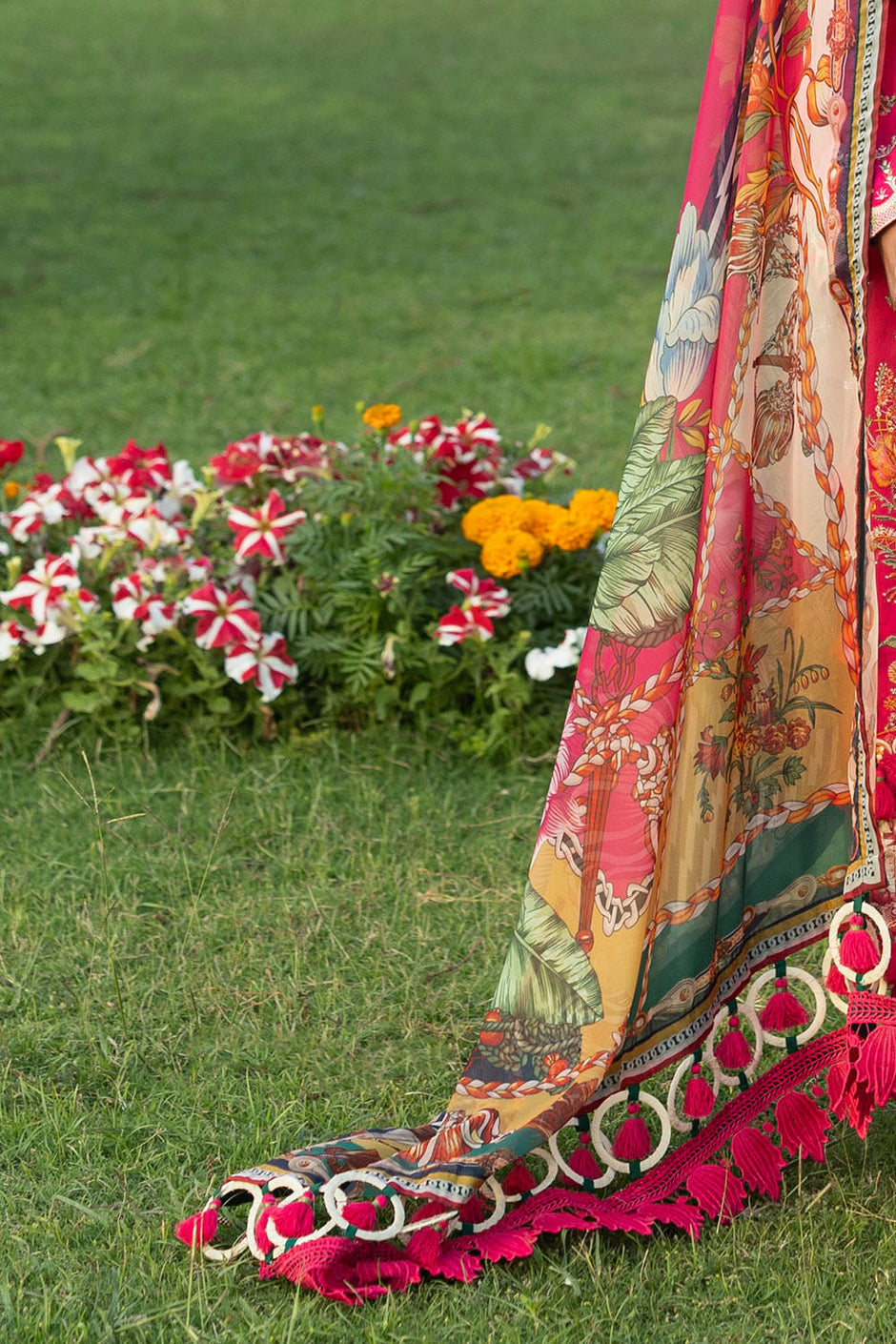 3 Piece Embroidered Raw Silk Suit with Embroidered Organza Borders and Printed Silk Dupatta
