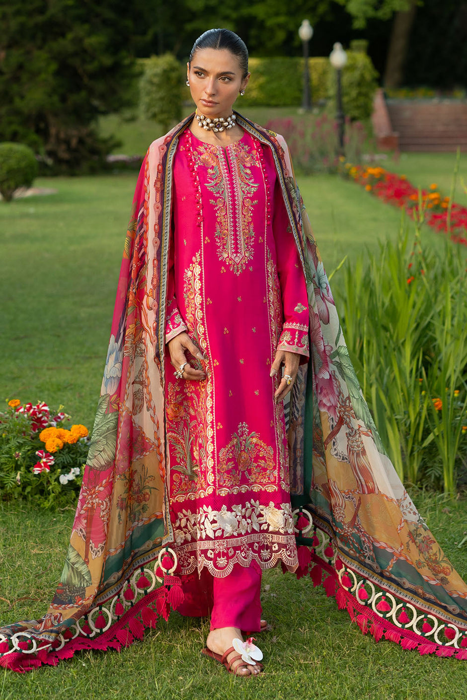 3 Piece Embroidered Raw Silk Suit with Embroidered Organza Borders and Printed Silk Dupatta