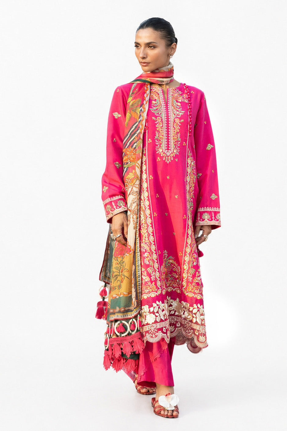 3 Piece Embroidered Raw Silk Suit with Embroidered Organza Borders and Printed Silk Dupatta