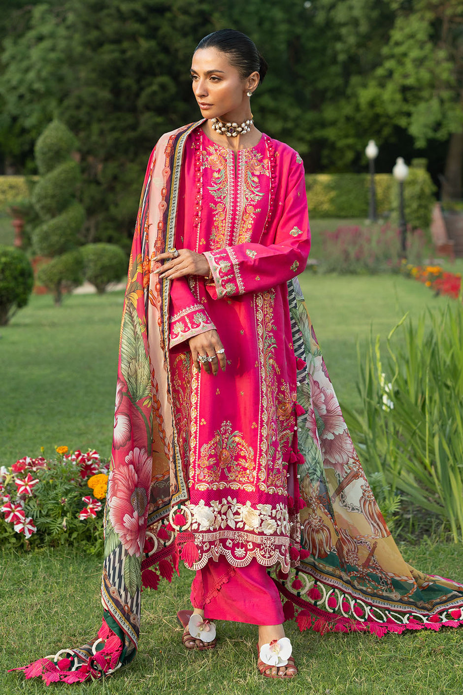 3 Piece Embroidered Raw Silk Suit with Embroidered Organza Borders and Printed Silk Dupatta