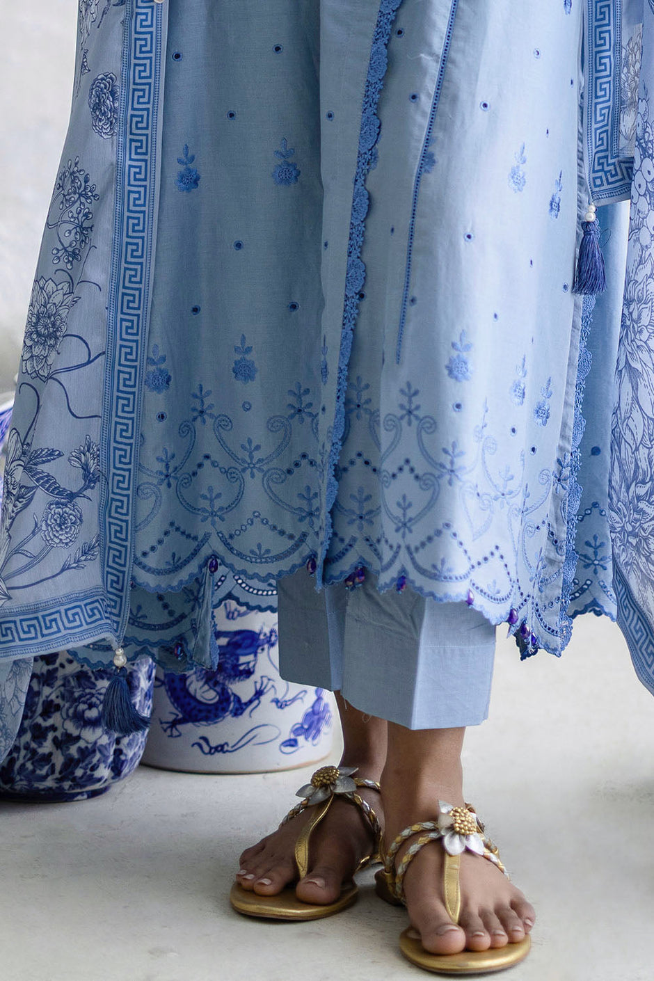 3 Piece Schiffli Embroidered Lawn Suit with Silk Dupatta