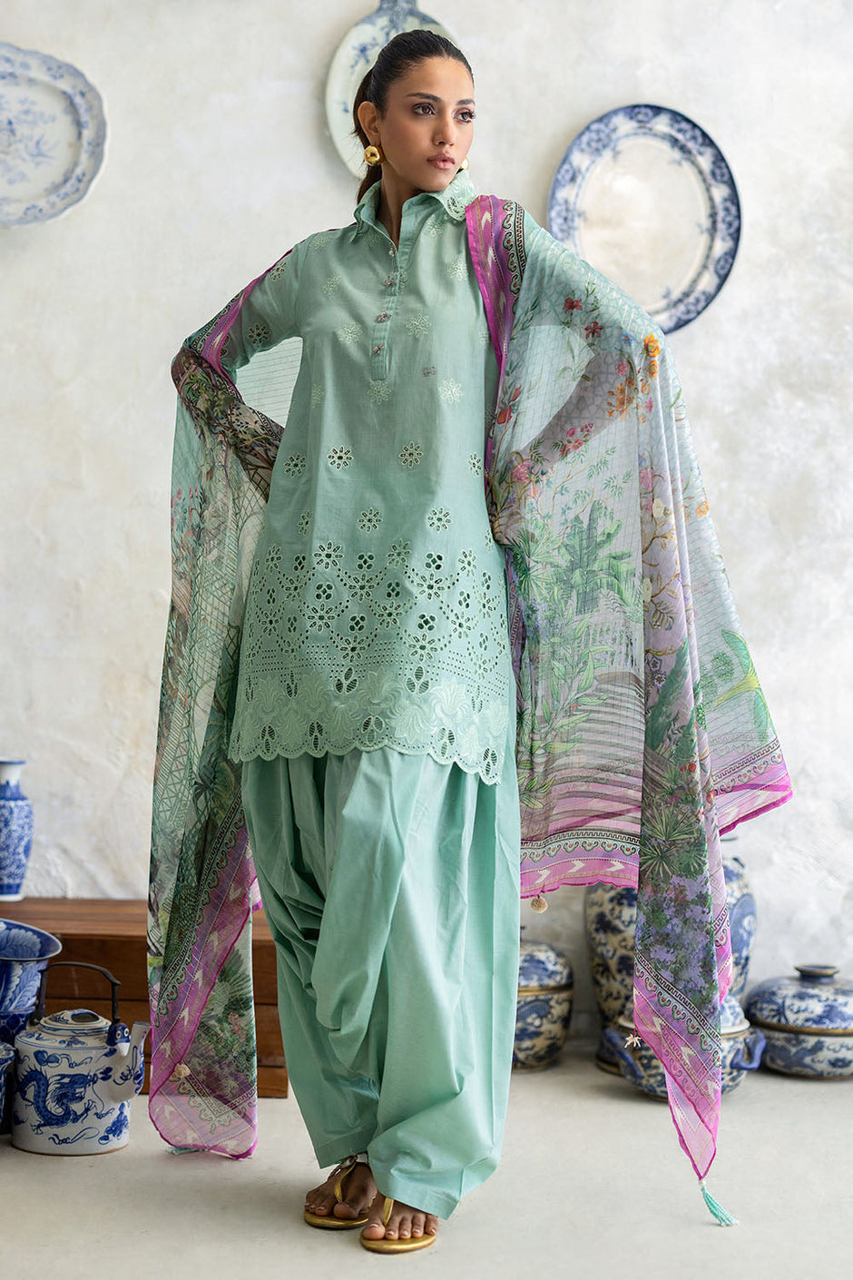 3 Piece Schiffli Embroidered Lawn Suit with Silk Dupatta