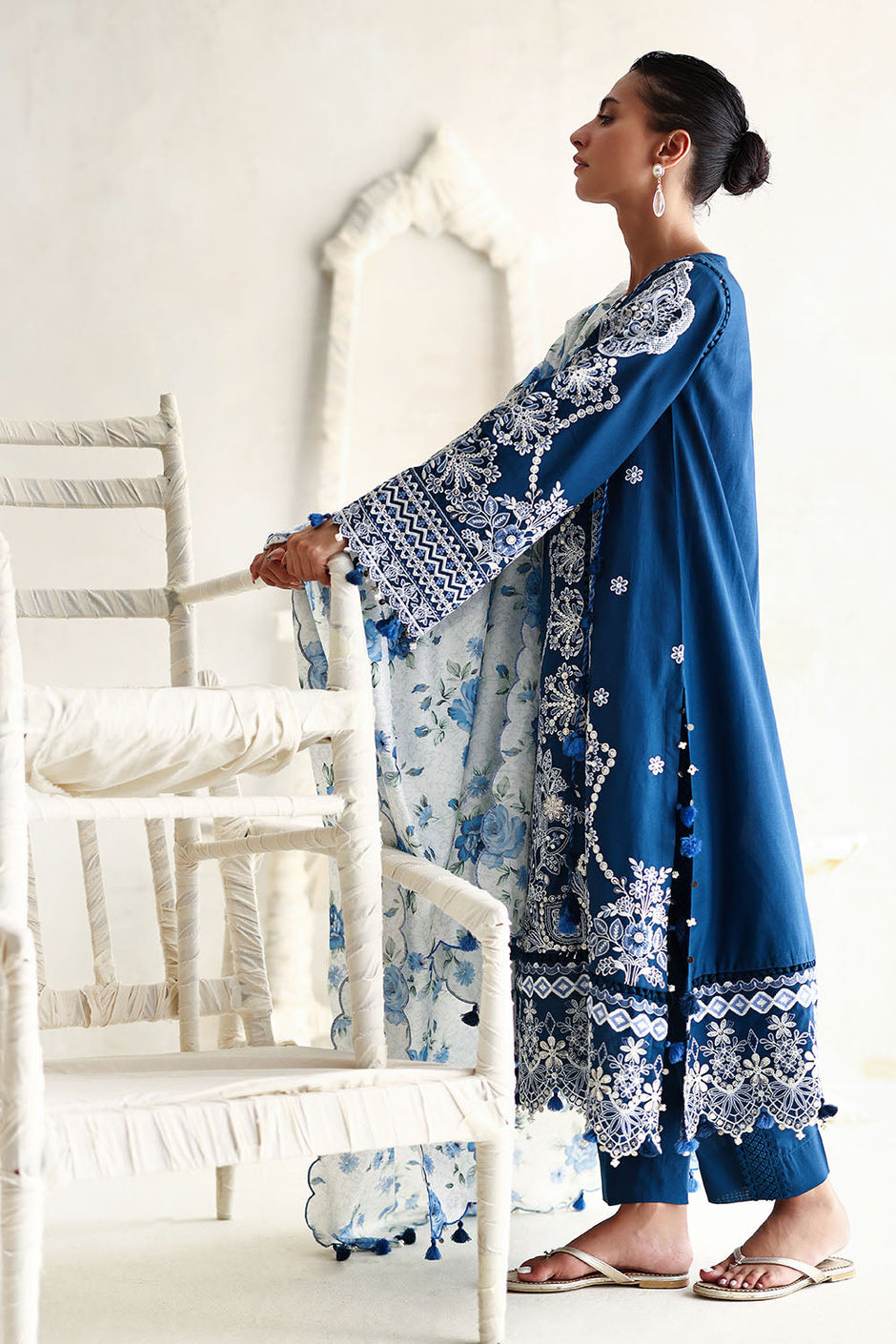 3 Piece Embroidered Lawn Suit with Printed Tussar Silk Dupatta and Embroidered Borders