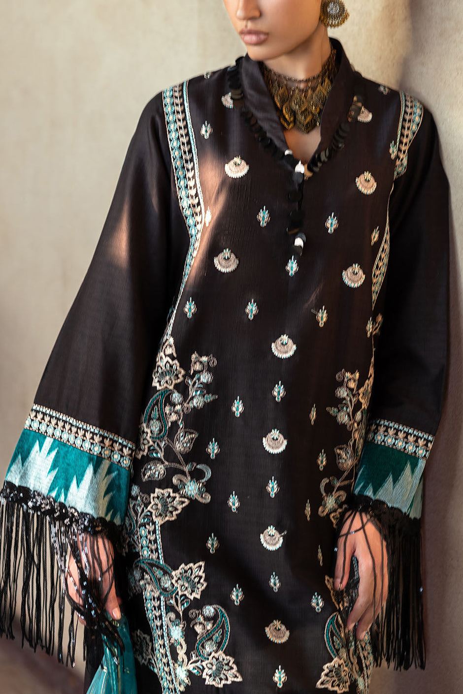 3 Piece Embroidered Dobby Suit with Borders and Zari Dupatta
