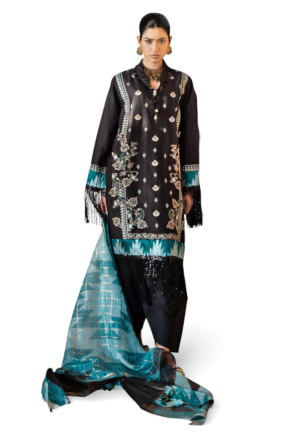3 Piece Embroidered Dobby Suit with Borders and Zari Dupatta