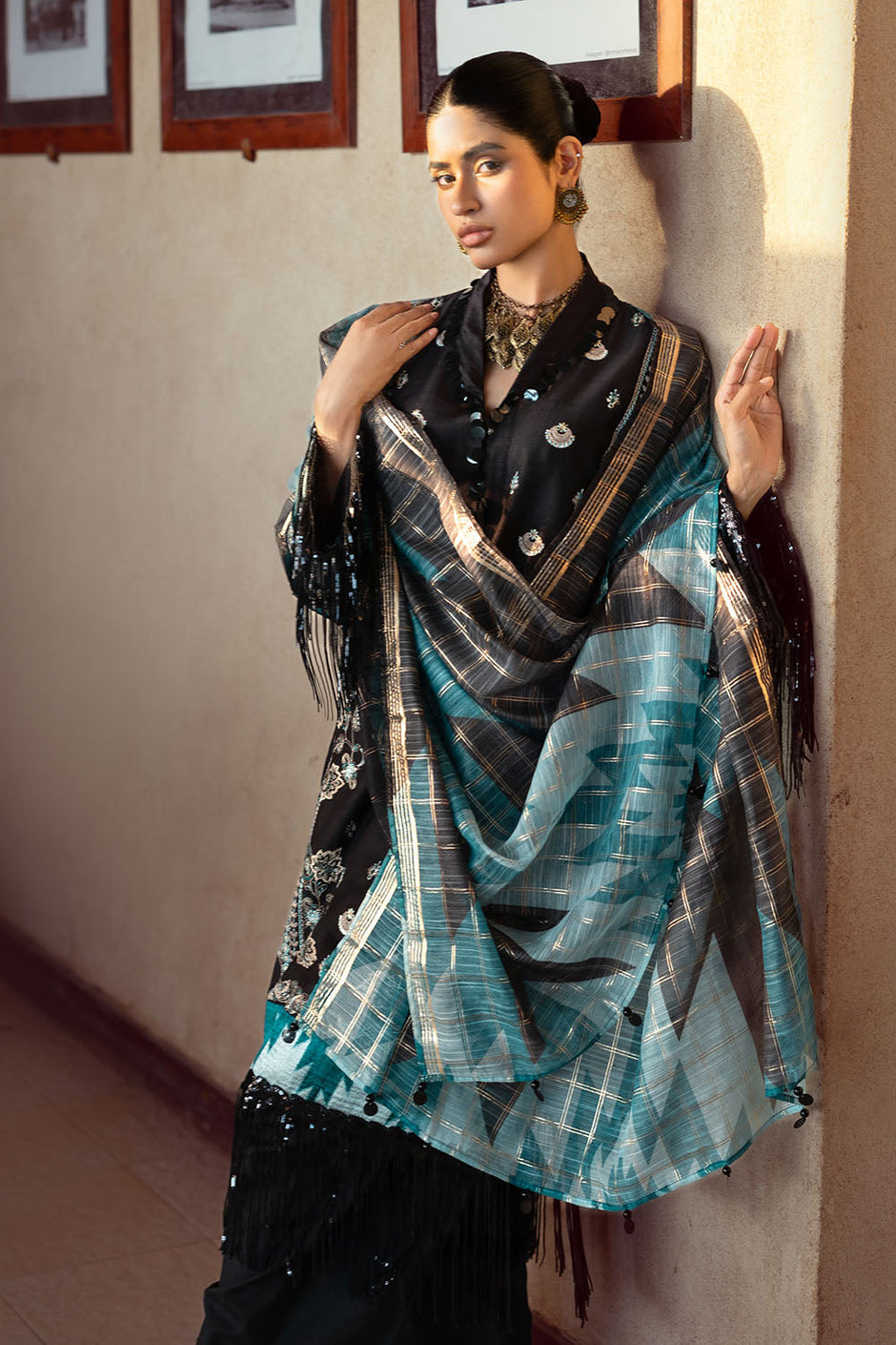 3 Piece Embroidered Dobby Suit with Borders and Zari Dupatta