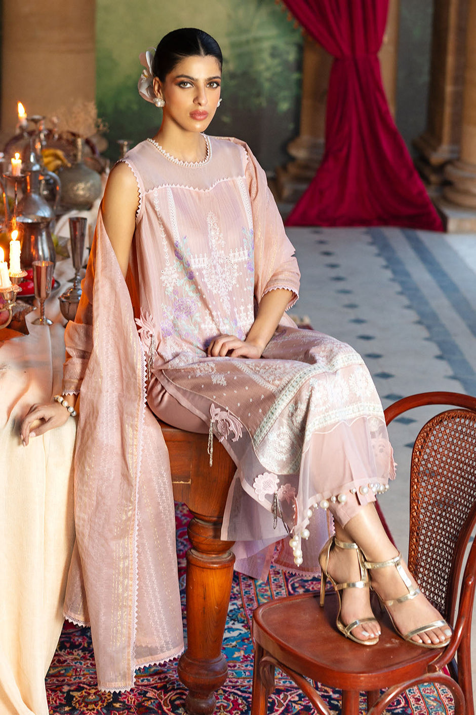 3 Piece Embroidered Dobby Suit with Borders and Zari Dupatta