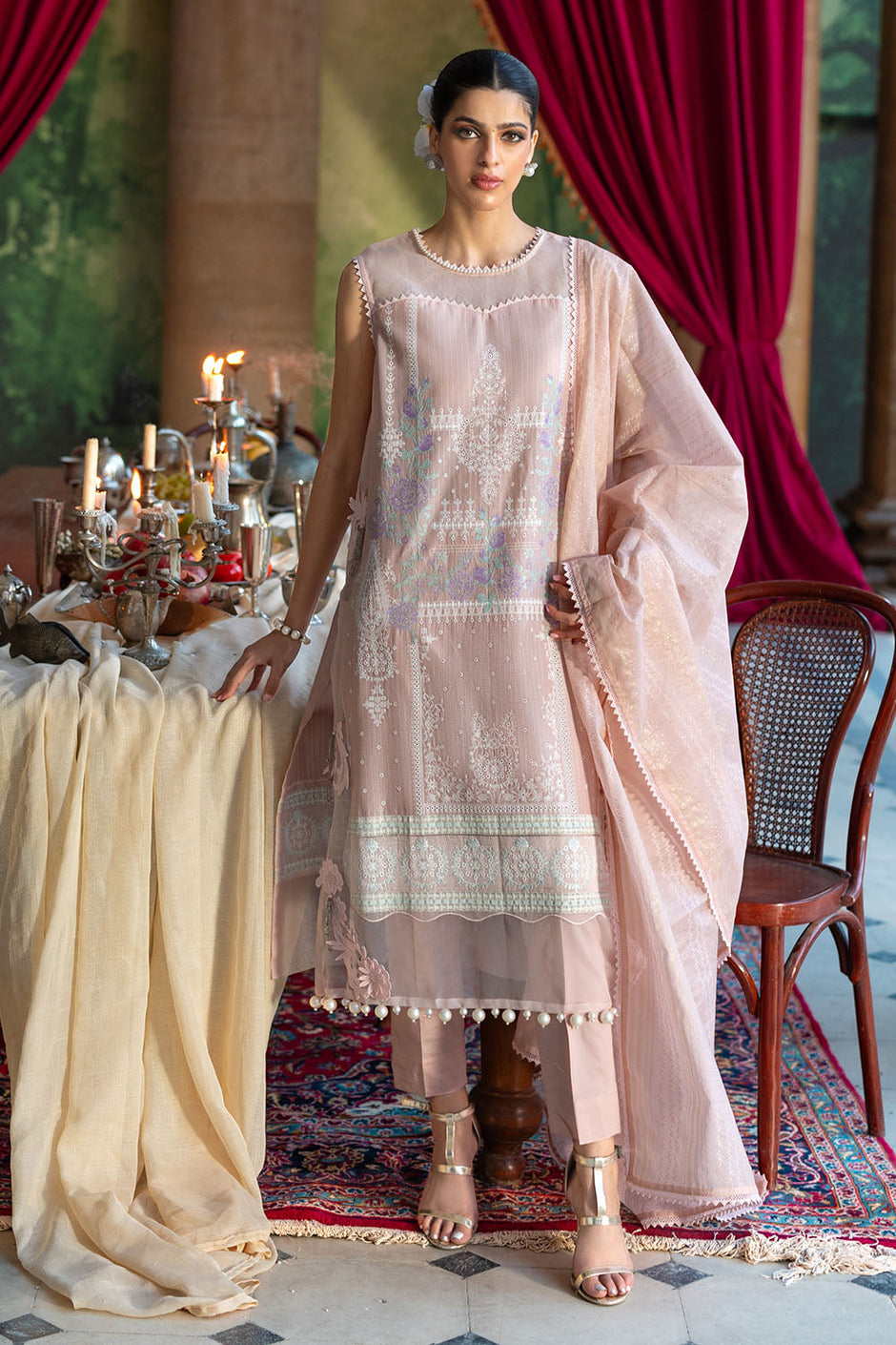 3 Piece Embroidered Dobby Suit with Borders and Zari Dupatta