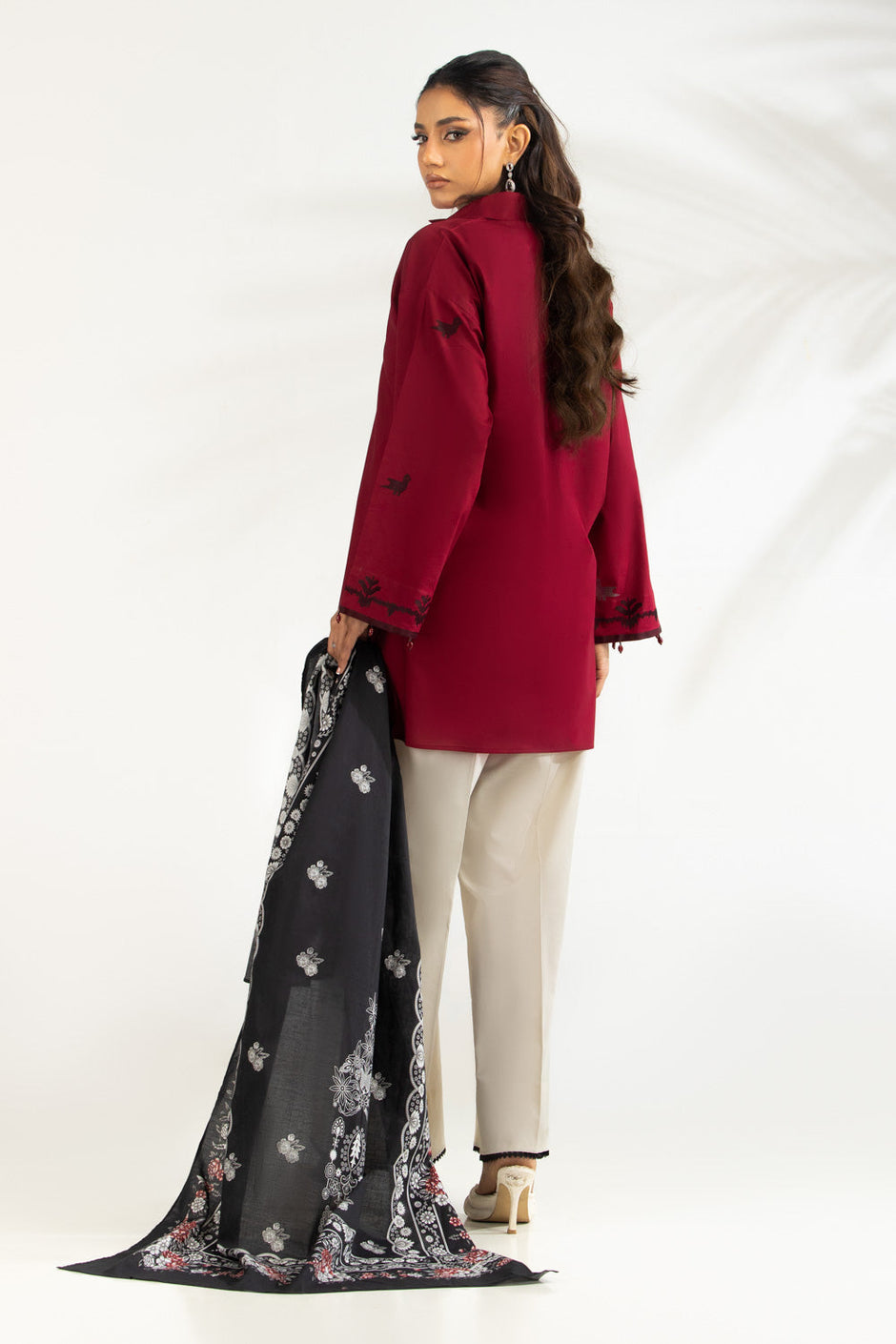 3PC Cambric Embroidered Suit With Printed Scarf