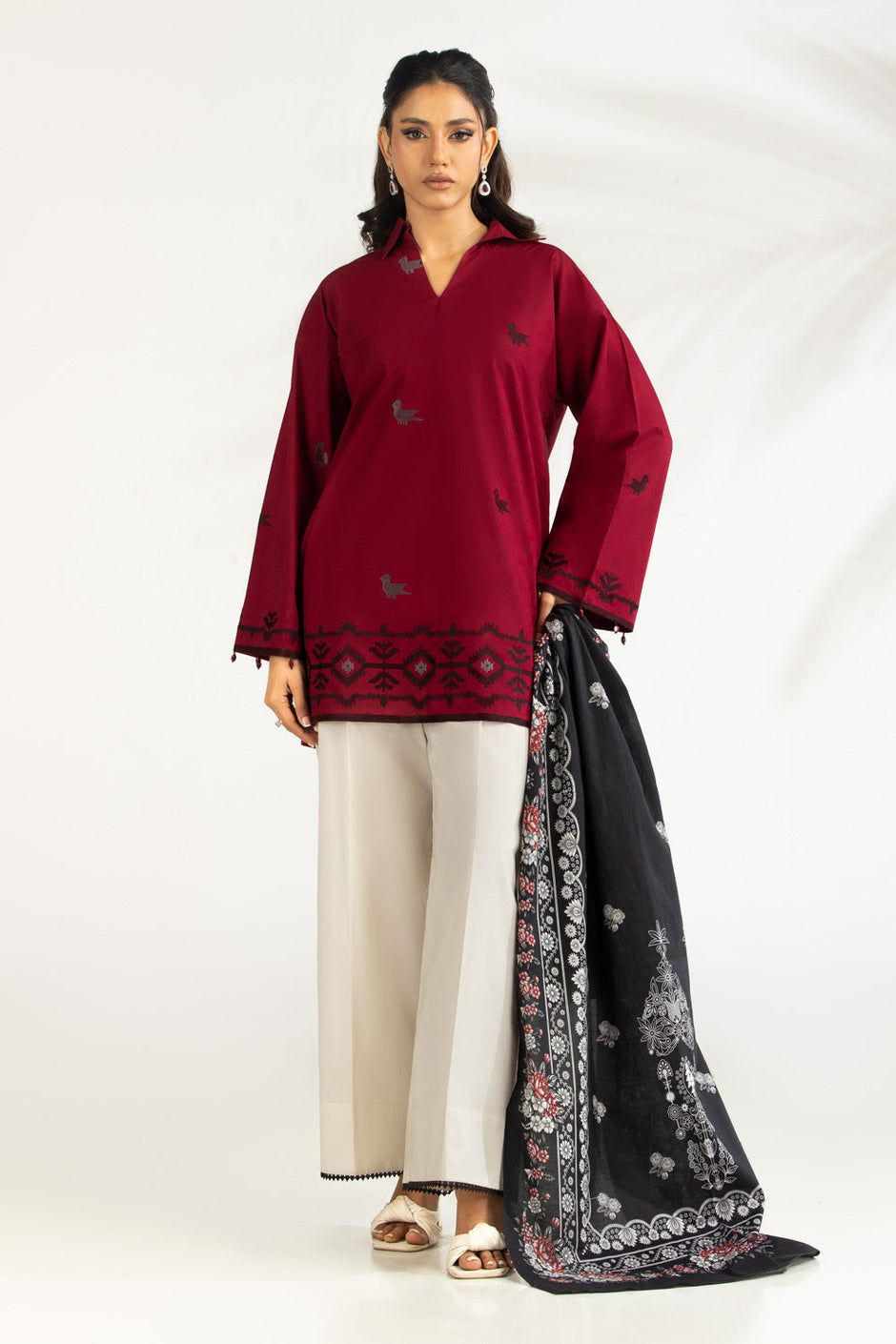 3PC Cambric Embroidered Suit With Printed Scarf