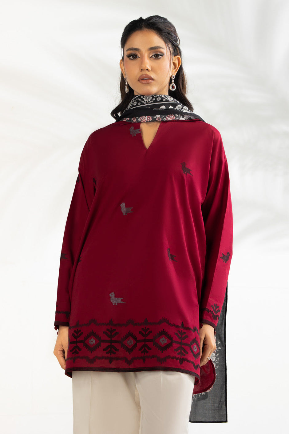 3PC Cambric Embroidered Suit With Printed Scarf