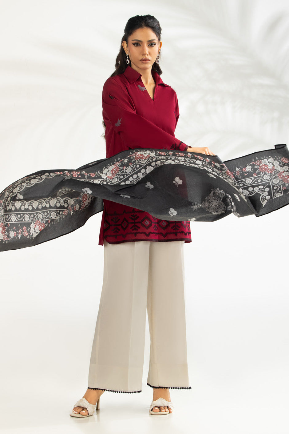 3PC Cambric Embroidered Suit With Printed Scarf